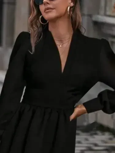 Women's Long Sleeve V Neck Slightly Pleated from Waist Scuba Crepe Mini Dress - BÜYÜKBEDENIZ (1)