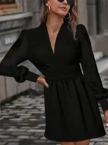 Women's Long Sleeve V Neck Slightly Pleated from Waist Scuba Crepe Mini Dress - 3