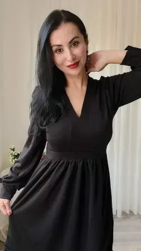 Women's Long Sleeve V Neck Slightly Pleated from Waist Scuba Crepe Mini Dress - 4