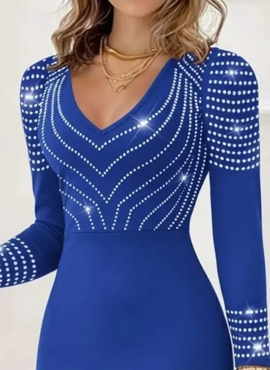 Women's Long Sleeve V Neck Stone Detailed Mini Imported Crepe Dress - 2