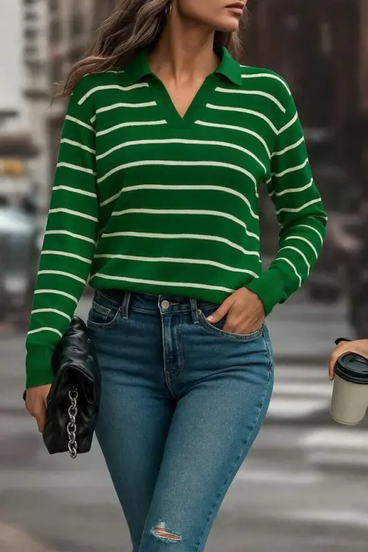 Women's Long Sleeve V Neck Striped Knit Blouse - BÜYÜKBEDENIZ