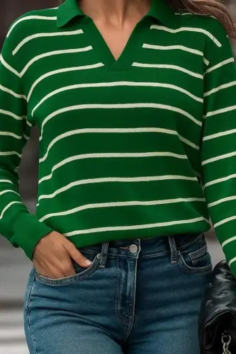 Women's Long Sleeve V-Neck Striped Knit Blouse - BÜYÜKBEDENIZ (1)