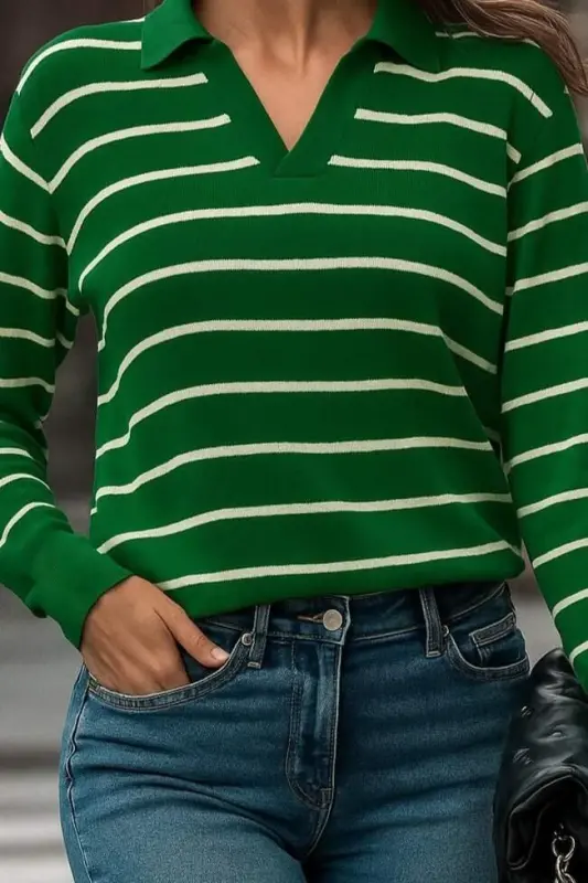 Women's Long Sleeve V-Neck Striped Knit Blouse - 2