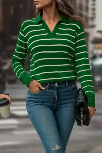 Women's Long Sleeve V-Neck Striped Knit Blouse - 3