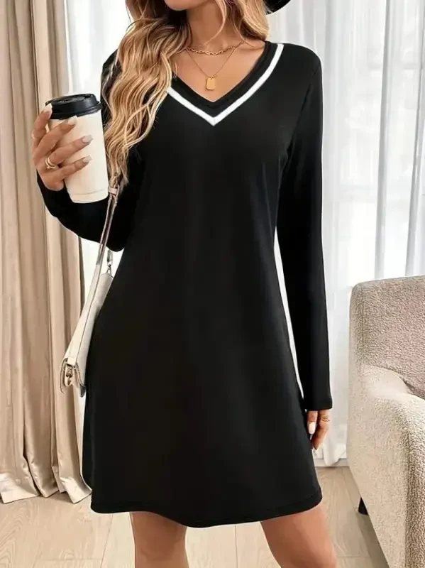 Women's Long Sleeve V Neck Striped Short Viscose Two Thread Dress - 1
