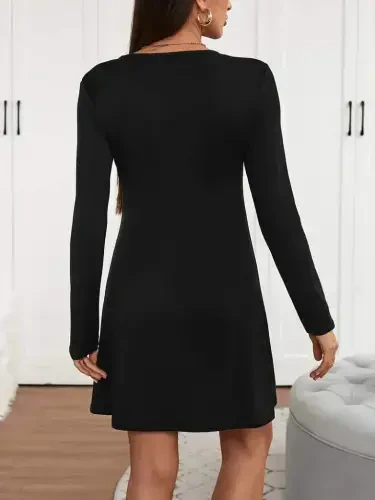 Women's Long Sleeve V Neck Striped Short Viscose Two Thread Dress - BÜYÜKBEDENIZ (1)