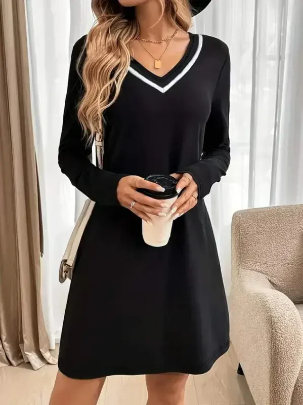 Women's Long Sleeve V Neck Striped Short Viscose Two Thread Dress - 3