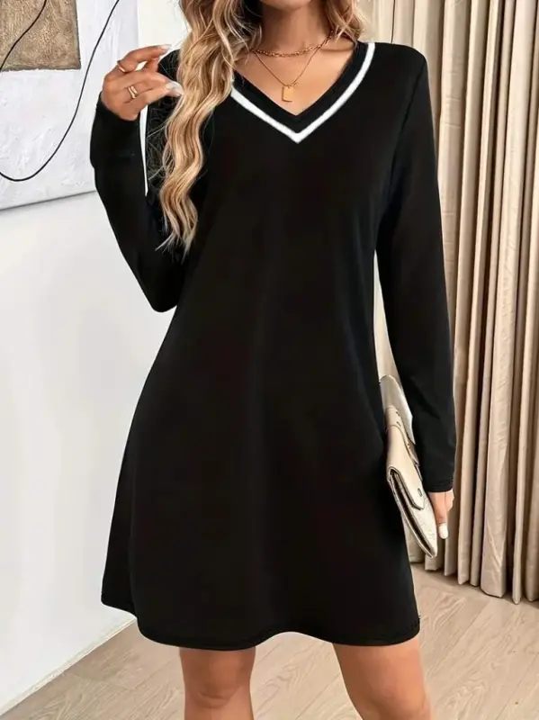 Women's Long Sleeve V Neck Striped Short Viscose Two Thread Dress - 4