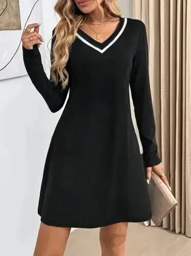 Women's Long Sleeve V Neck Striped Short Viscose Two Thread Dress - 6
