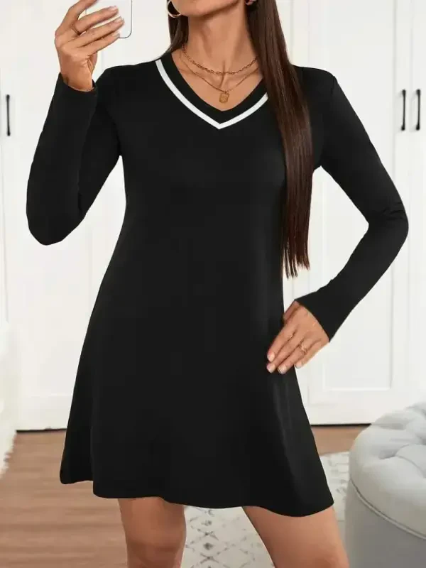Women's Long Sleeve V Neck Striped Short Viscose Two Thread Dress - 7