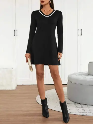 Women's Long Sleeve V Neck Striped Short Viscose Two Thread Dress - 8