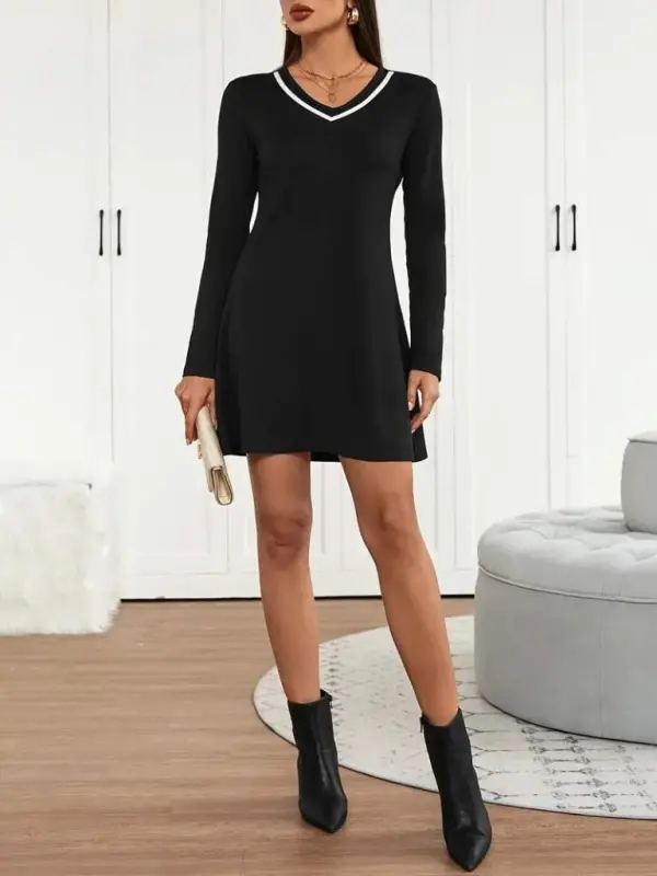 Women's Long Sleeve V Neck Striped Short Viscose Two Thread Dress - 8