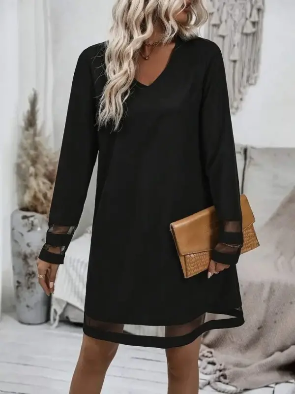 Women's Long Sleeve V Neck Striped Tulle Detailed Imported Crepe Dress - 2