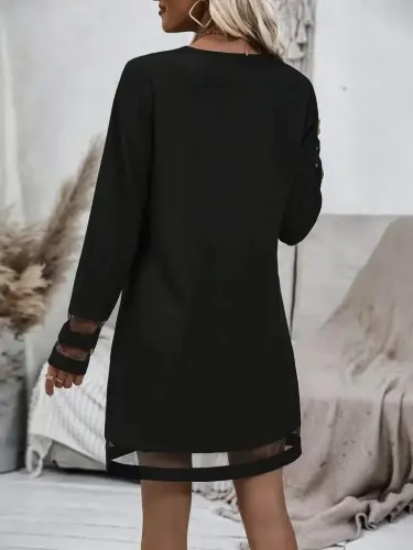 Women's Long Sleeve V Neck Striped Tulle Detailed Imported Crepe Dress - 4