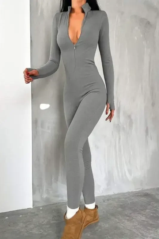 Women's Long Sleeve V Neck Thumb Hole Detail Ribbed Jumpsuit - BÜYÜKBEDENIZ