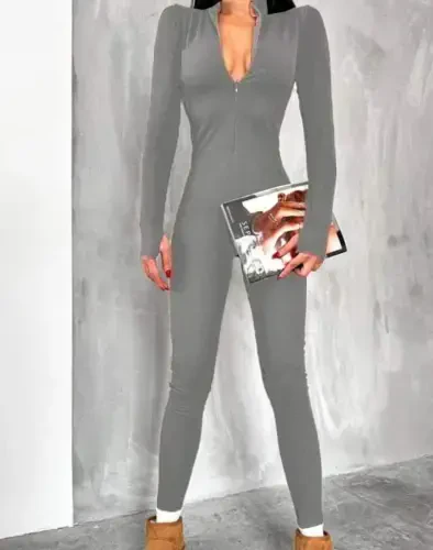 Women's Long Sleeve V Neck Thumb Hole Detail Ribbed Jumpsuit - 3