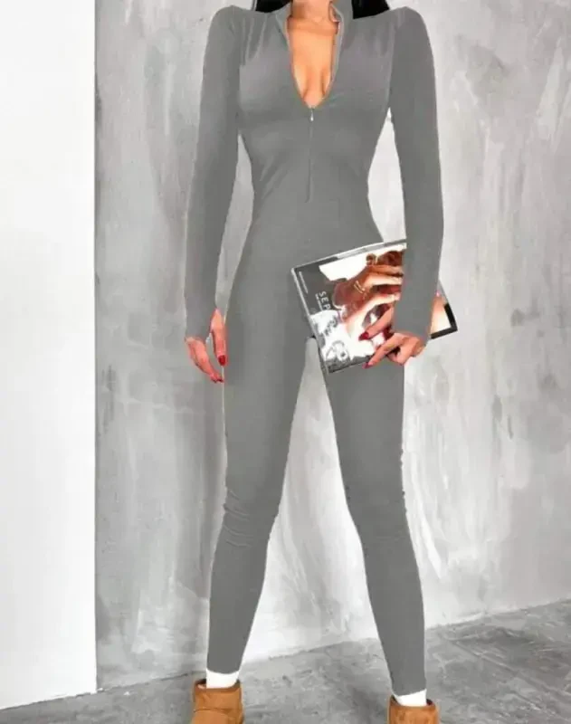 Women's Long Sleeve V Neck Thumb Hole Detail Ribbed Jumpsuit - 3