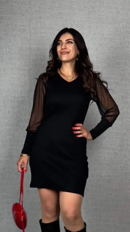 Women's Long Sleeve V Neck Tulle Detail Mini Ribbed Dress - 1