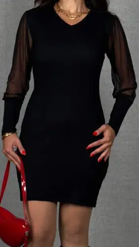 Women's Long Sleeve V Neck Tulle Detail Mini Ribbed Dress - 3