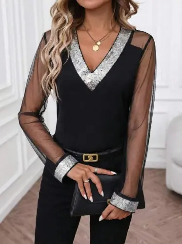 Women's Long Sleeve V Neck Tulle Detailed Imported Crepe Blouse - 4