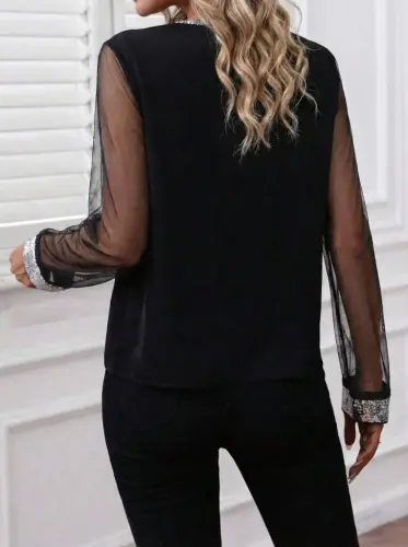 Women's Long Sleeve V Neck Tulle Detailed Imported Crepe Blouse - 5