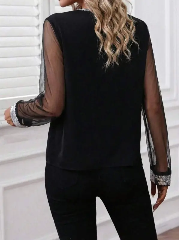 Women's Long Sleeve V Neck Tulle Detailed Imported Crepe Blouse - 5