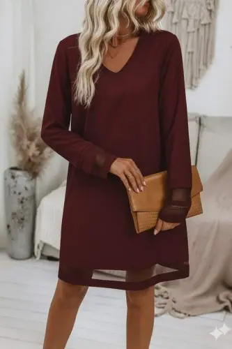 Women's Long Sleeve V Neck Tulle tape Detailed Mini Crepe Dress - 1