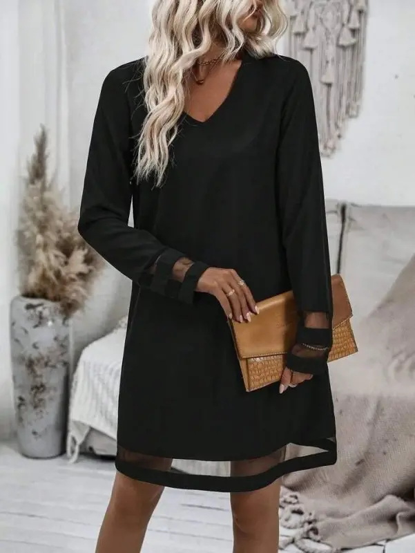 Women's Long Sleeve V Neck Tulle Trim Detail Mini Crepe Dress - 1