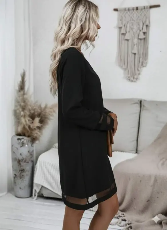 Women's Long Sleeve V Neck Tulle Trim Detail Mini Crepe Dress - 2