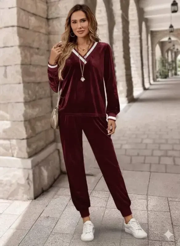 Women's Long Sleeve V Neck Velvet Blouse and Pants Set - BÜYÜKBEDENIZ