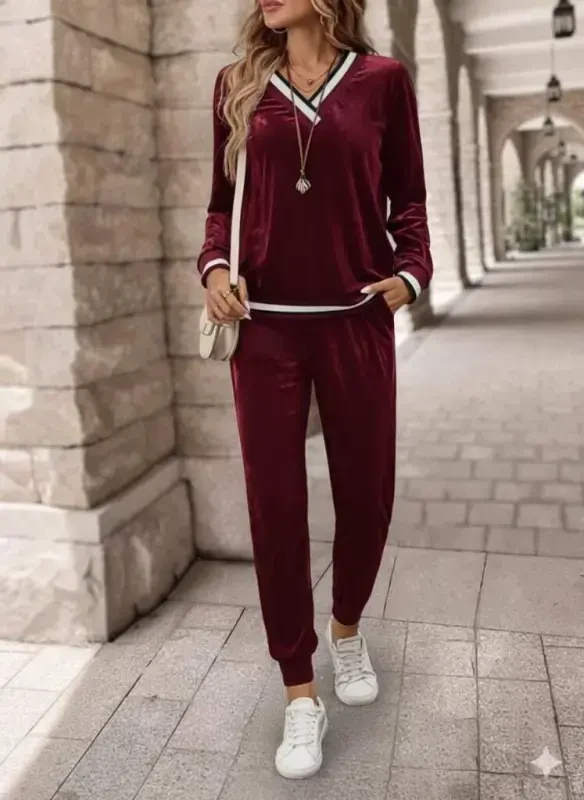 Women's Long Sleeve V Neck Velvet Blouse and Pants Set - 2