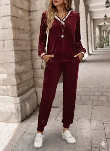 Women's Long Sleeve V Neck Velvet Blouse and Pants Set - 3