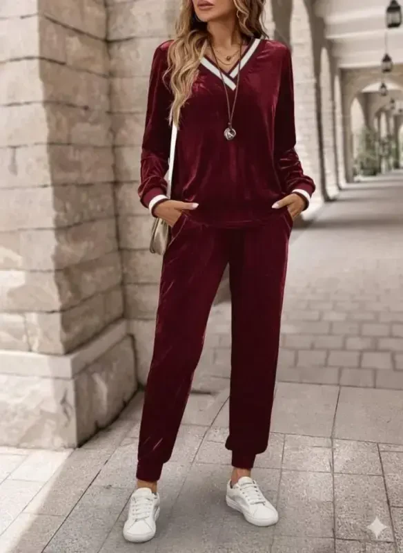 Women's Long Sleeve V Neck Velvet Blouse and Pants Set - 3