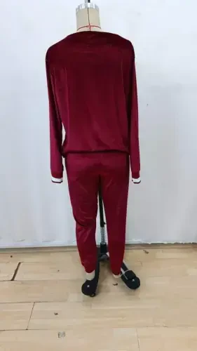 Women's Long Sleeve V Neck Velvet Blouse and Pants Set - 5