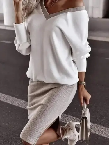 Women's Long Sleeve V-Neck Viscose Double Yarn Blouse and Mini Skirt Two-Piece Set - 1