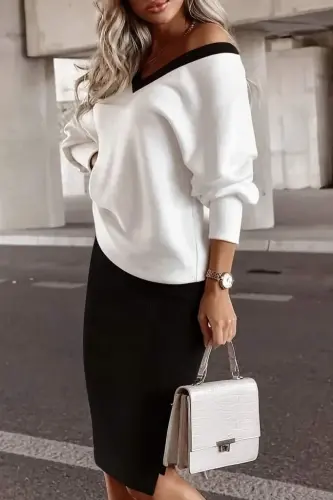 Women's Long Sleeve V-Neck Viscose Double Yarn Blouse and Mini Skirt Two-Piece Set - BÜYÜKBEDENIZ (1)