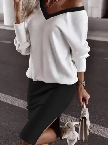 Women's Long Sleeve V-Neck Viscose Double Yarn Blouse and Mini Skirt Two-Piece Set - 3
