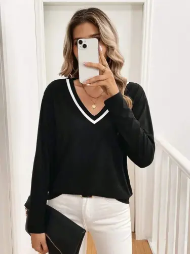 Women's Long Sleeve V Neck Viscose Two Thread Blouse - 1