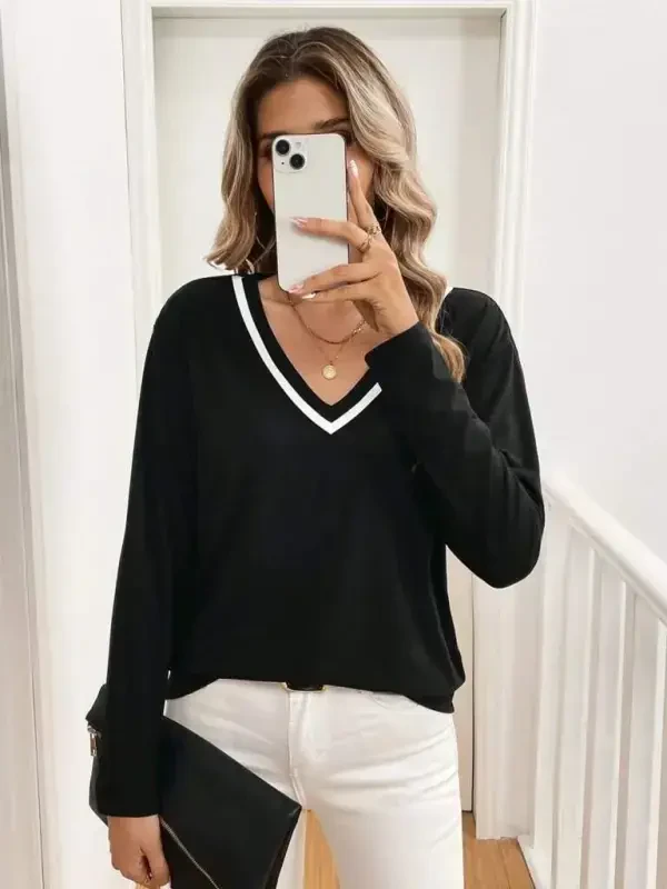 Women's Long Sleeve V Neck Viscose Two Thread Blouse - BÜYÜKBEDENIZ