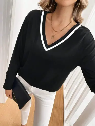 Women's Long Sleeve V Neck Viscose Two Thread Blouse - BÜYÜKBEDENIZ (1)