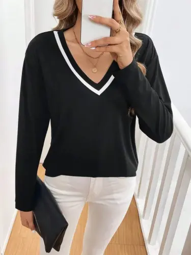 Women's Long Sleeve V Neck Viscose Two Thread Blouse - 4