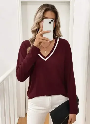 Women's Long Sleeve V Neck Viscose Two Thread Blouse - BÜYÜKBEDENIZ (1)