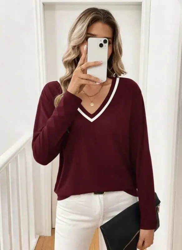 Women's Long Sleeve V Neck Viscose Two Thread Blouse - 2