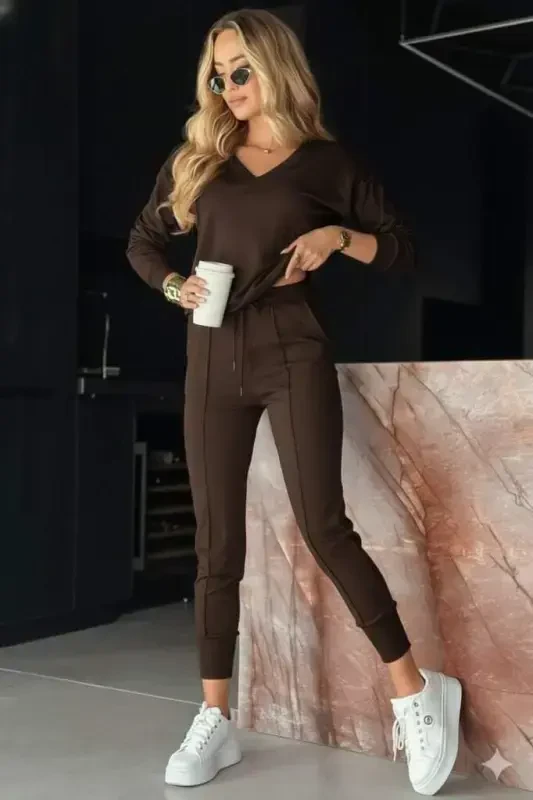 Women's Long Sleeve V Neck Viscose Two Thread Blouse and Pants Set - 3