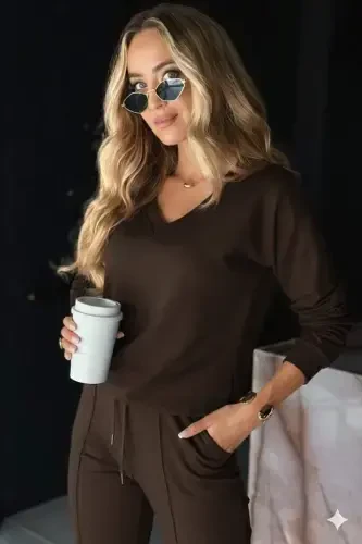 Women's Long Sleeve V Neck Viscose Two Thread Blouse and Pants Set - 4