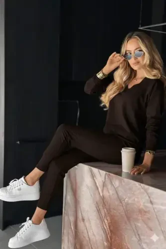 Women's Long Sleeve V Neck Viscose Two Thread Blouse and Pants Set - 6