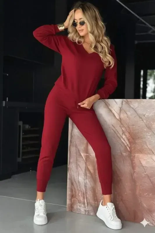 Women's Long Sleeve V Neck Viscose Two Thread Blouse and Pants Set - BÜYÜKBEDENIZ