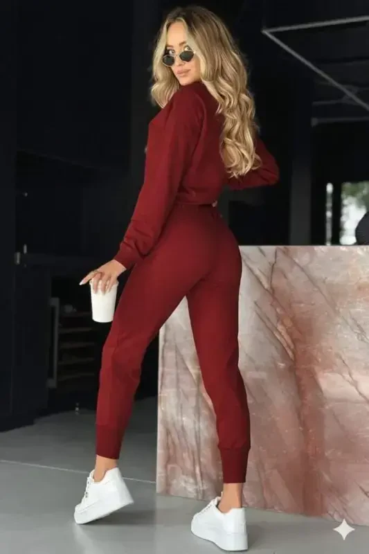 Women's Long Sleeve V Neck Viscose Two Thread Blouse and Pants Set - 2