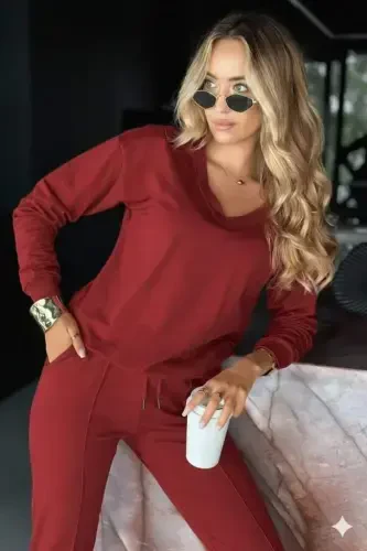 Women's Long Sleeve V Neck Viscose Two Thread Blouse and Pants Set - 3