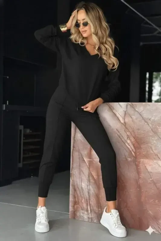 Women's Long Sleeve V Neck Viscose Two Thread Blouse and Pants Set - BÜYÜKBEDENIZ